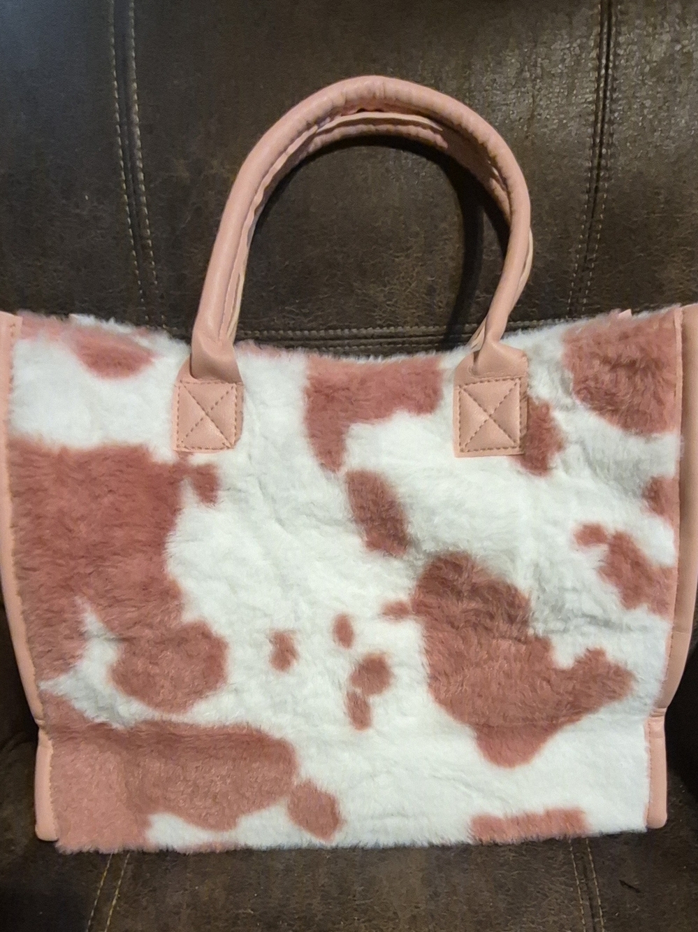 Plush Cow-Print Tote in Blush Pink and White